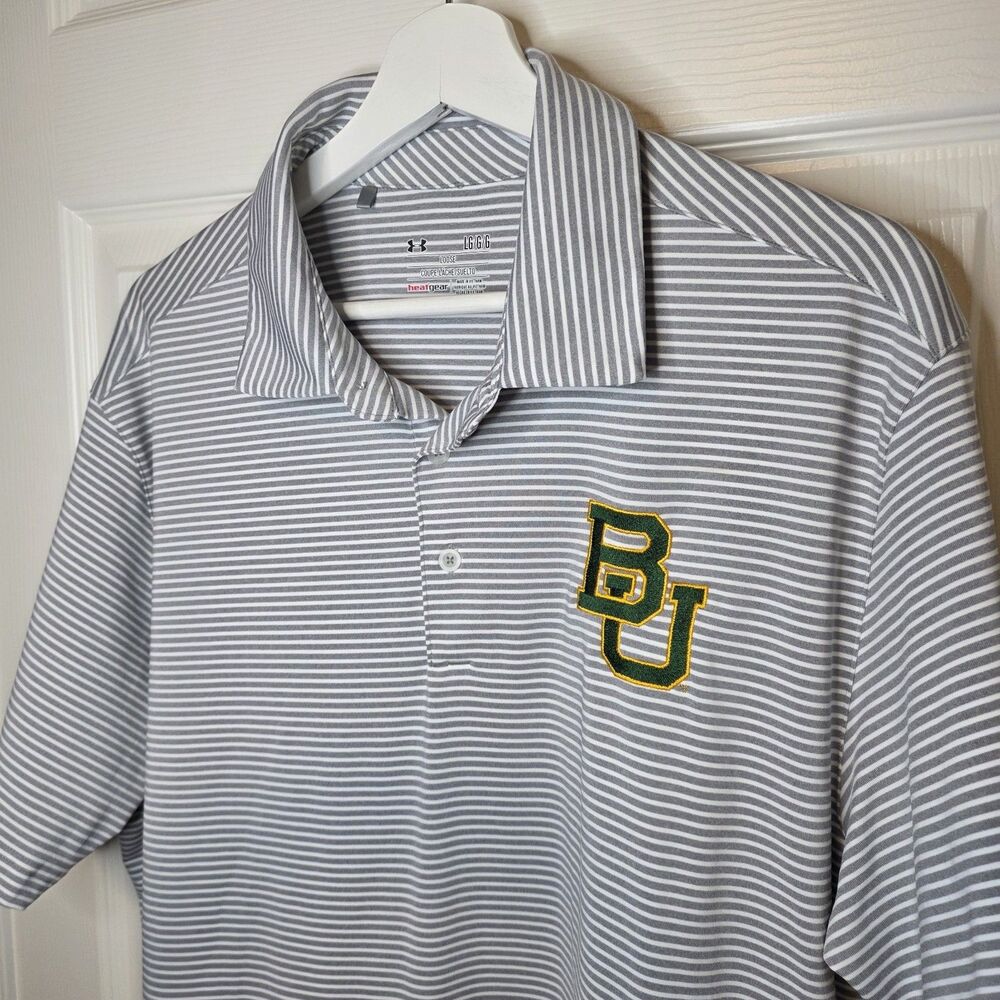 Under Armour Baylor University Men's Large White Gray Stripe Polo Shirt Golf